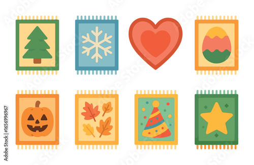 Holiday Rugs Grid. Flat vector mini-illustrations holiday-themed rugs in colors children's illustrations: