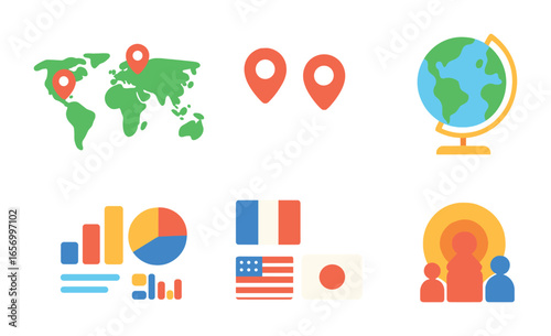 Colorful Geographic Icons. Flat vector mini-illustrations Geographic audience data in colors children's