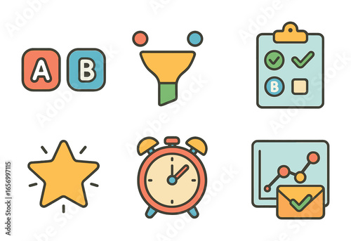 A_B Test Icons. Flat vector mini-illustrations A/B testing results in colors children's illustrations: test