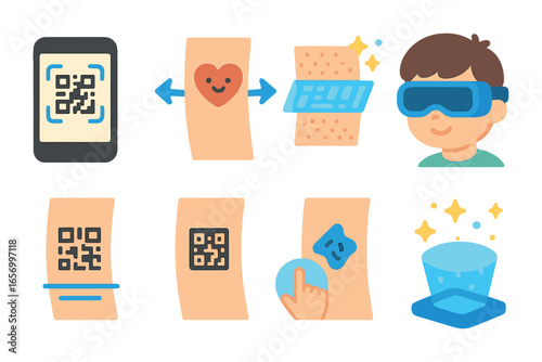 Augmented Reality Tattoos. Flat vector mini-illustrations Augmented reality tattoos in colors children's
