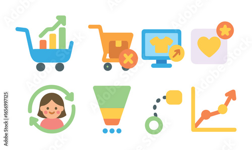 E-commerce Icon Grid. Flat vector mini-illustrations E-commerce shopper insights in colors children's