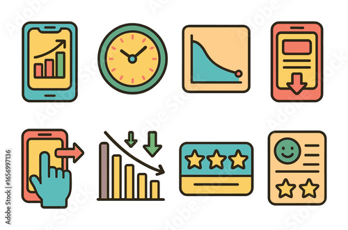 Mobile App Insights. Flat vector mini-illustrations Mobile app user insights in colors children's