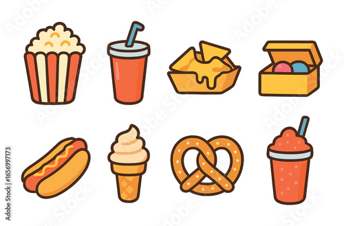 Movie Snack Icons. Flat vector mini-illustrations movie snacks in colors children's illustrations: popcorn