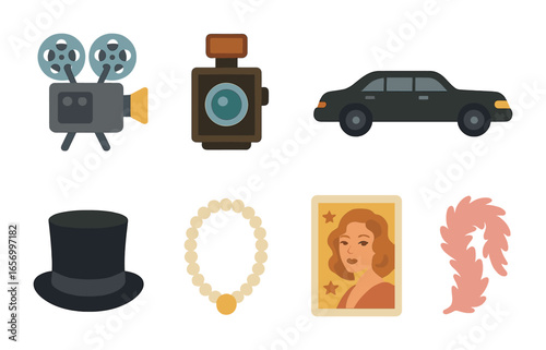 Hollywood Icons for Kids. Flat vector mini-illustrations old Hollywood in colors children's illustrations: