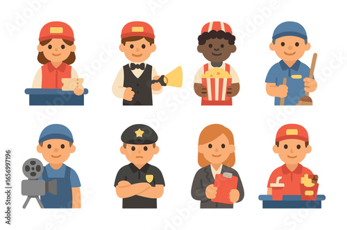 Movie Theater Staff Icons. Flat vector mini-illustrations movie theater staff in colors children's