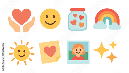 Joyful Icons Grid. Flat vector mini-illustrations happy thoughts and gratitude in colors children's