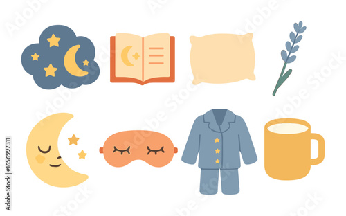 Children's Bedtime Icons. Flat vector mini-illustrations relaxation before bed in colors children's