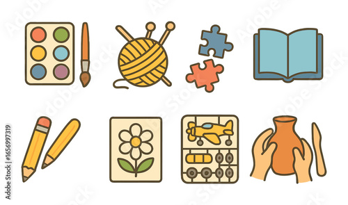 Calming Hobby Icons. Flat vector mini-illustrations calming hobbies in colors children's illustrations: