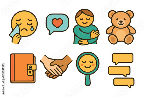 Emotional Self-Care Icons. Flat vector mini-illustrations emotional self-care in colors children's