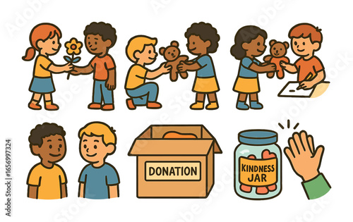 Kindness Icons Grid. Flat vector mini-illustrations acts of kindness in colors children's illustrations: