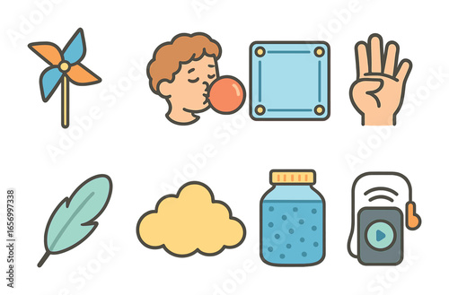 Kids' Relaxation Icons. Flat vector mini-illustrations breathing and relaxation tools in colors children's