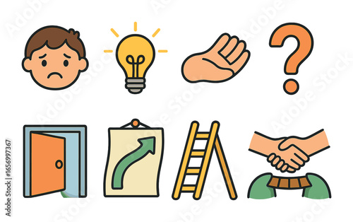 Change Icons for Kids. Flat vector mini-illustrations overcoming resistance to change in colors children's
