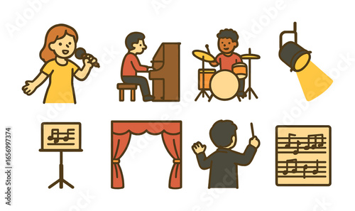 Musical Rehearsal Icons. Flat vector mini-illustrations a musical theater cast rehearsing a song in front of a