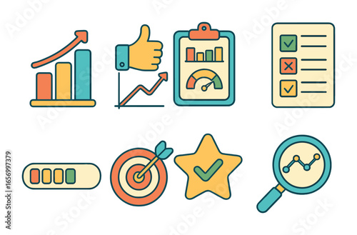 Colorful Success Icons. Flat vector mini-illustrations measuring change success in colors children's