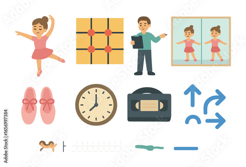 Children's Dance Practice Icons. Flat vector mini-illustrations stage choreography practice in colors children
