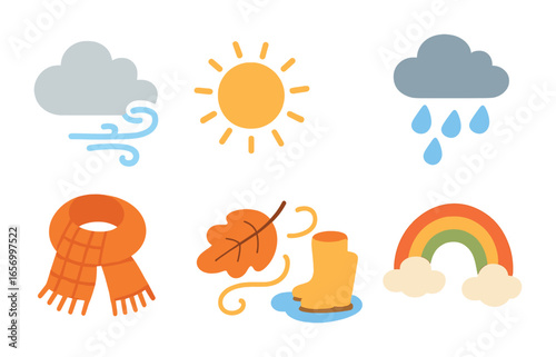 Autumn Kids Illustrations. Flat vector mini-illustrations autumn weather and nature in colors children's