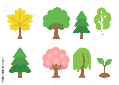 Forest Tree Icons. Flat vector mini-illustrations tree types in the forest in colors children's illustrations: