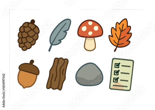 Forest Scavenger Hunt Icons. Flat vector mini-illustrations forest scavenger hunt in colors children's