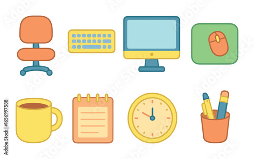 Kids' Home Office Icons. Flat vector mini-illustrations home office setup in colors children's illustrations: