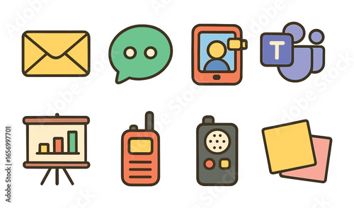 Leadership Communication Icons. Flat vector mini-illustrations communication tools in leadership in colors