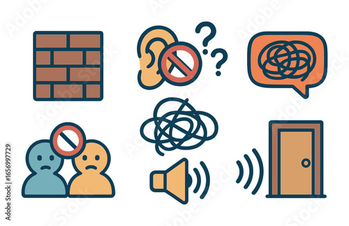 Communication Barriers Icons. Flat vector mini-illustrations communication barriers in colors children's