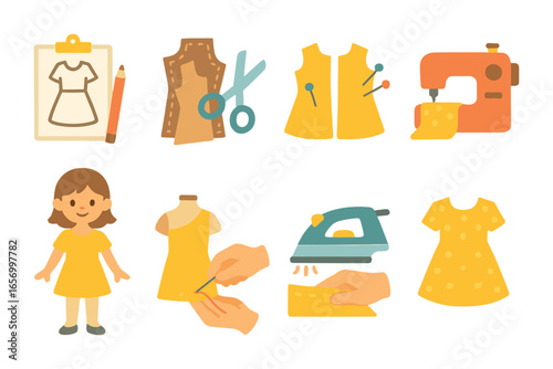Children's Garment Creation. Flat vector mini-illustrations garment making steps in colors children's