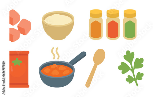 Chicken Tikka Icons. Flat vector mini-illustrations cooking a flavorful chicken tikka masala from scratch in