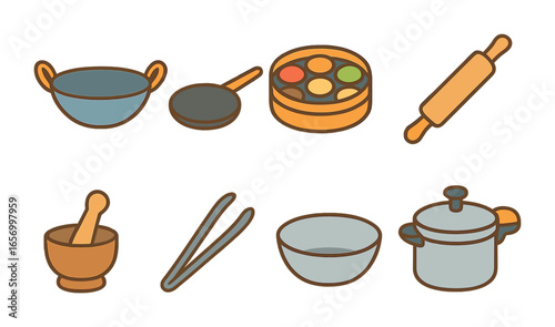 Indian Cooking Utensils Icons. Flat vector mini-illustrations Indian cooking utensils in colors children's