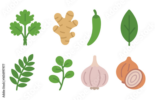 Indian Herbs Grid. Flat vector mini-illustrations Indian herbs and aromatics in colors children's