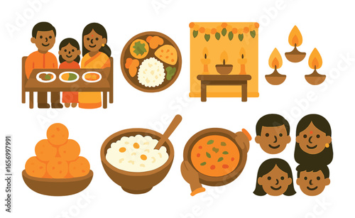 Indian Festive Meals. Flat vector mini-illustrations celebration meals in Indian homes in colors children's