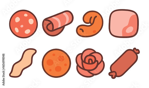 Charcuterie Icons for Kids. Flat vector mini-illustrations charcuterie items in colors children's