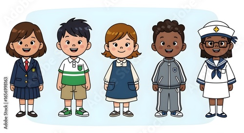 Happy Diverse School Children in Different Uniforms and Casual Clothes