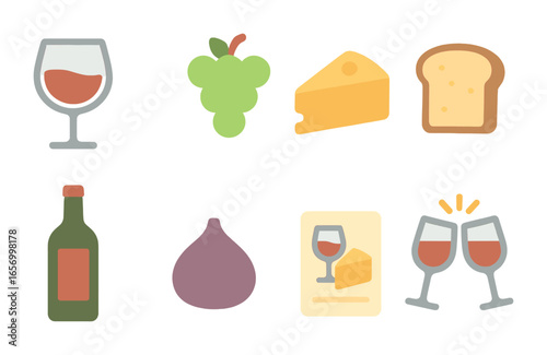 Cheese and Wine Fun. Flat vector mini-illustrations cheese and wine pairings in colors children's