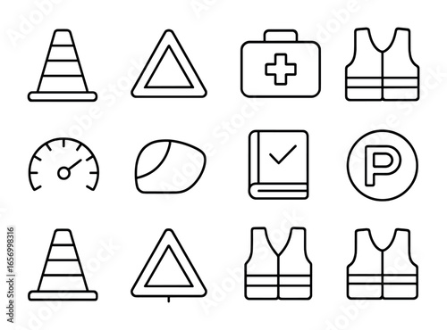 Road Safety Icons. Outline icon set of road safety for drivers: caution cone, warning triangle, first aid kit,