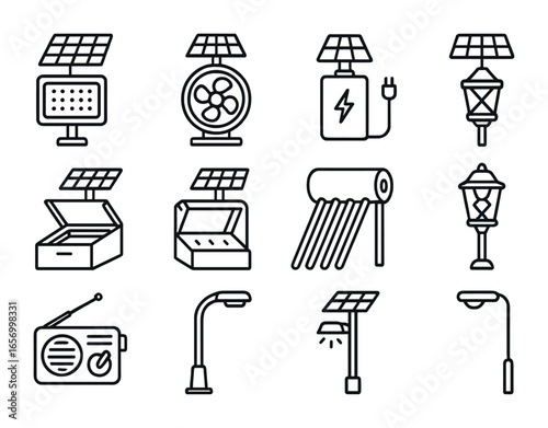 Solar Device Icons. Outline icon set of solar-powered devices: solar light, solar fan, portable charger, solar