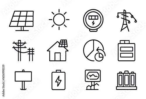 Community Solar Icons. Outline icon set of community solar projects: solar panel, sun icon, power meter, local