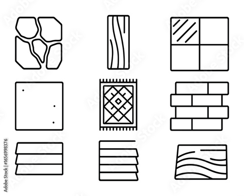 Entryway Material Icons. Outline icon set of entryway materials: stone tile, wood plank, composite board,