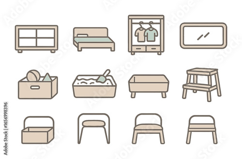 Montessori Room Icons. Outline icon set of Montessori room elements: low shelf, floor bed, open wardrobe,