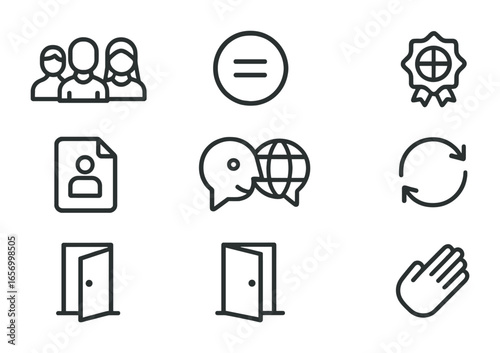 Inclusive Leadership Icons. Outline icon set of inclusive leadership practices: diversity icon, equal sign,