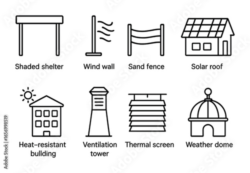Climate Adaptation Icons. Outline icon set of climate adaptation structures: shaded shelter, wind wall, sand