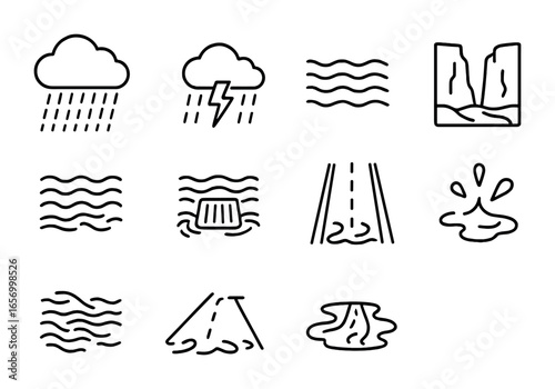 Desert Rain Icon Set. Outline icon set of desert rain and flash floods: heavy rain cloud, lightning with rain,