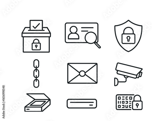 Election Security Icons. Outline icon set of election security: secure ballot box, ID verification,