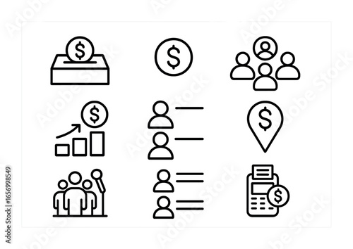 Fundraising Icon Set. Outline icon set of campaign fundraising: donation box, dollar sign, crowdfunding icon,