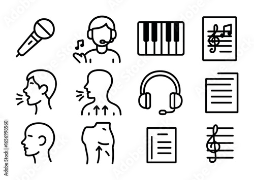 Vocal Coaching Icons. Outline icon set of vocal coaching for aspiring professional singers: microphone, vocal