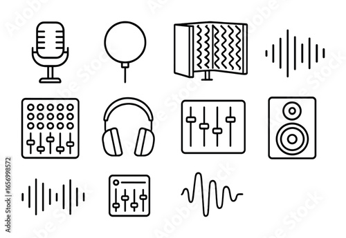 Recording Studio Icons. Outline icon set of recording studio essentials: condenser mic, pop filter, vocal