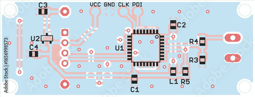 Vector printed circuit board of electronic 
device with components of radio elements, 
conductors and contact pads placed on pcb. 
Engineering technical drawing. Computer technic cad design.
