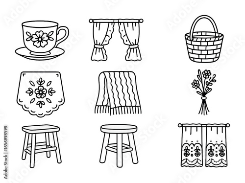 Cottagecore Icon Set. Outline icon set of cottagecore vintage charm: floral teacup, ruffled curtain, wicker