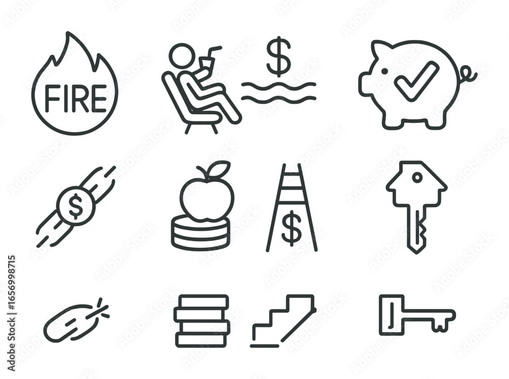 Fototapeta premium Financial Independence Icons. Outline icon set of financial independence: FIRE icon, early retiree, passive