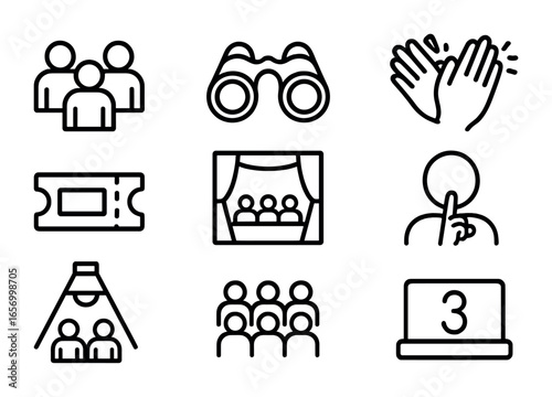 Theater Icon Set. Outline icon set of theater audience: seated viewers, binoculars, clapping hands, ticket