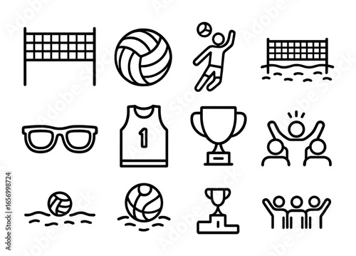 Beach Volleyball Icons. Outline icon set of summer beach volleyball tournament and celebration: volleyball net